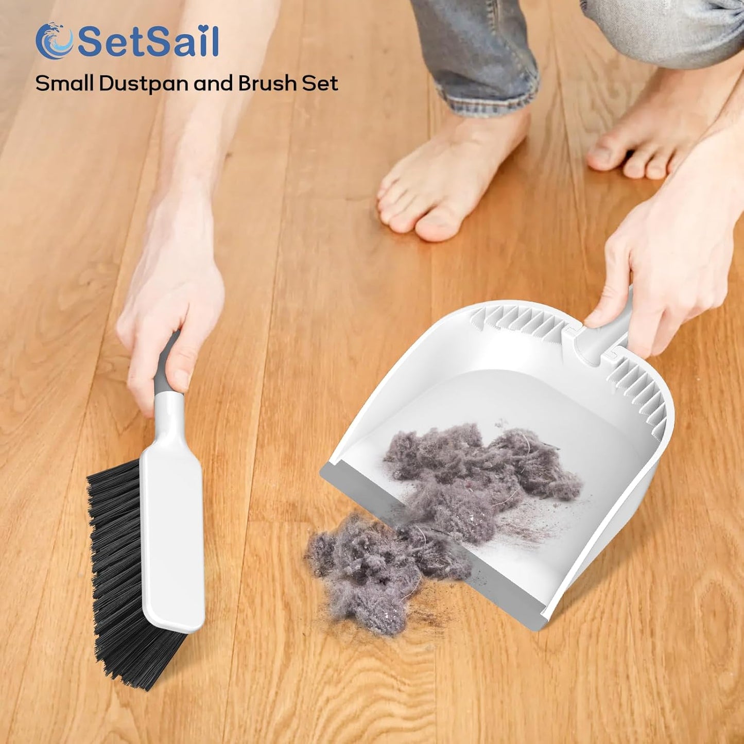 SetSail Small Dustpan and Brush Set, Nesting Snap-On Handheld Broom and Dust Pan with Teeth Portable Broom and Dustpan Set Suitable for Desktop, Pets Care, Sofa, Camping, White