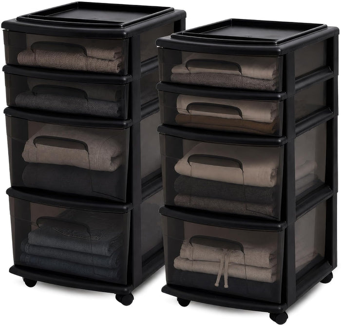 HOMZ Drawer Tower, 4-Tier Storage Cart with Removable Wheels, Black, 2 Pack