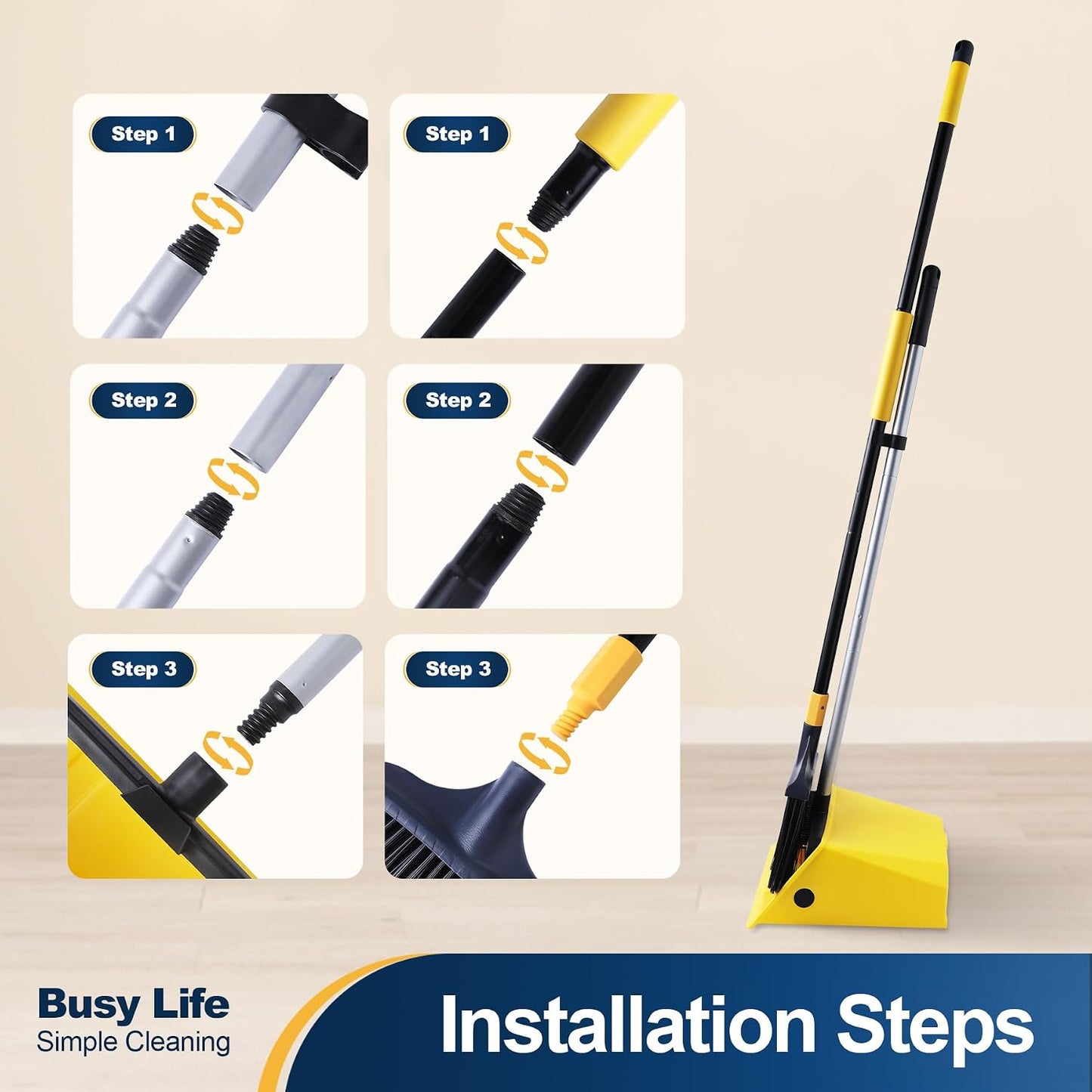 Yocada Commercial Heavy Duty Broom and Dustpan with Comb Set Indoor Outdoor for Courtyard Garage Lobby Mall Market Floor Home Kitchen Room Office Pet Hair Rubbish