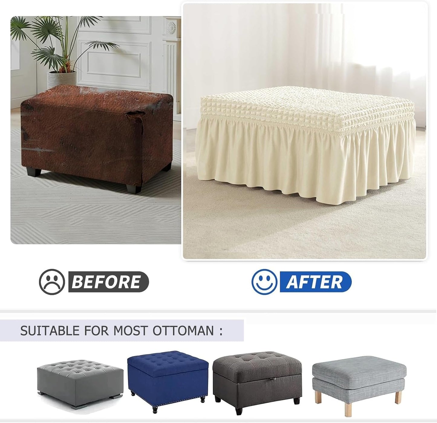 Stretch Seersucker Ottoman Cover Square & Rectangular, Soft Elastic Footstool Cover with Skirt Non-Slip Furniture Protector for Living Room Bedroom(Beige)