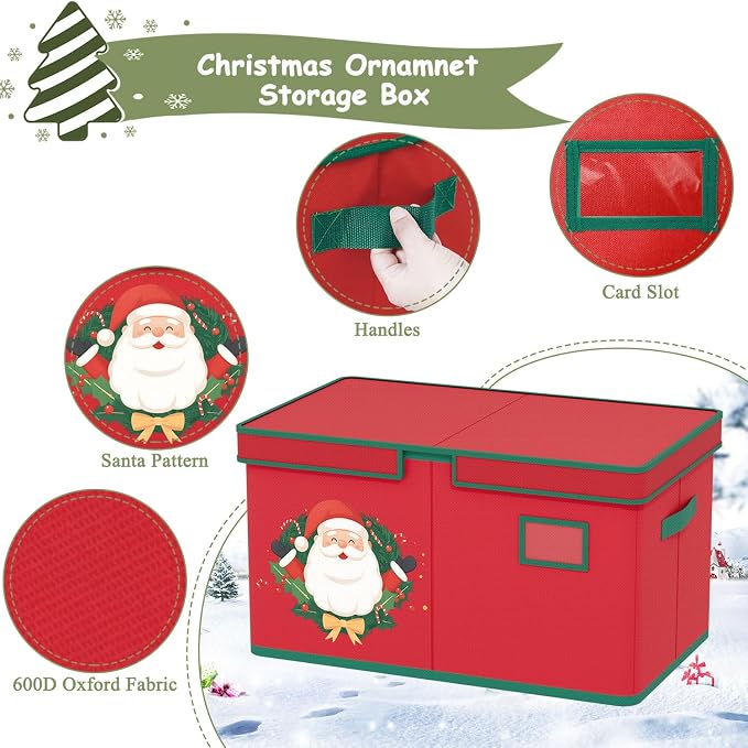 Christmas Ornament Storage Box Red Christmas Decoration Storage Containers 600D - Image 3