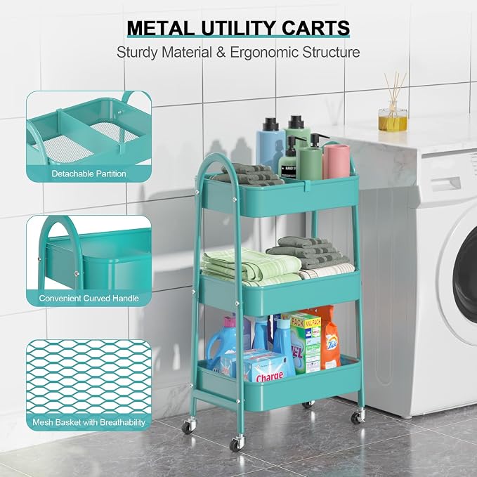 EAGMAK 3 Tier Utility Rolling Cart, Metal Storage Cart - Image 2