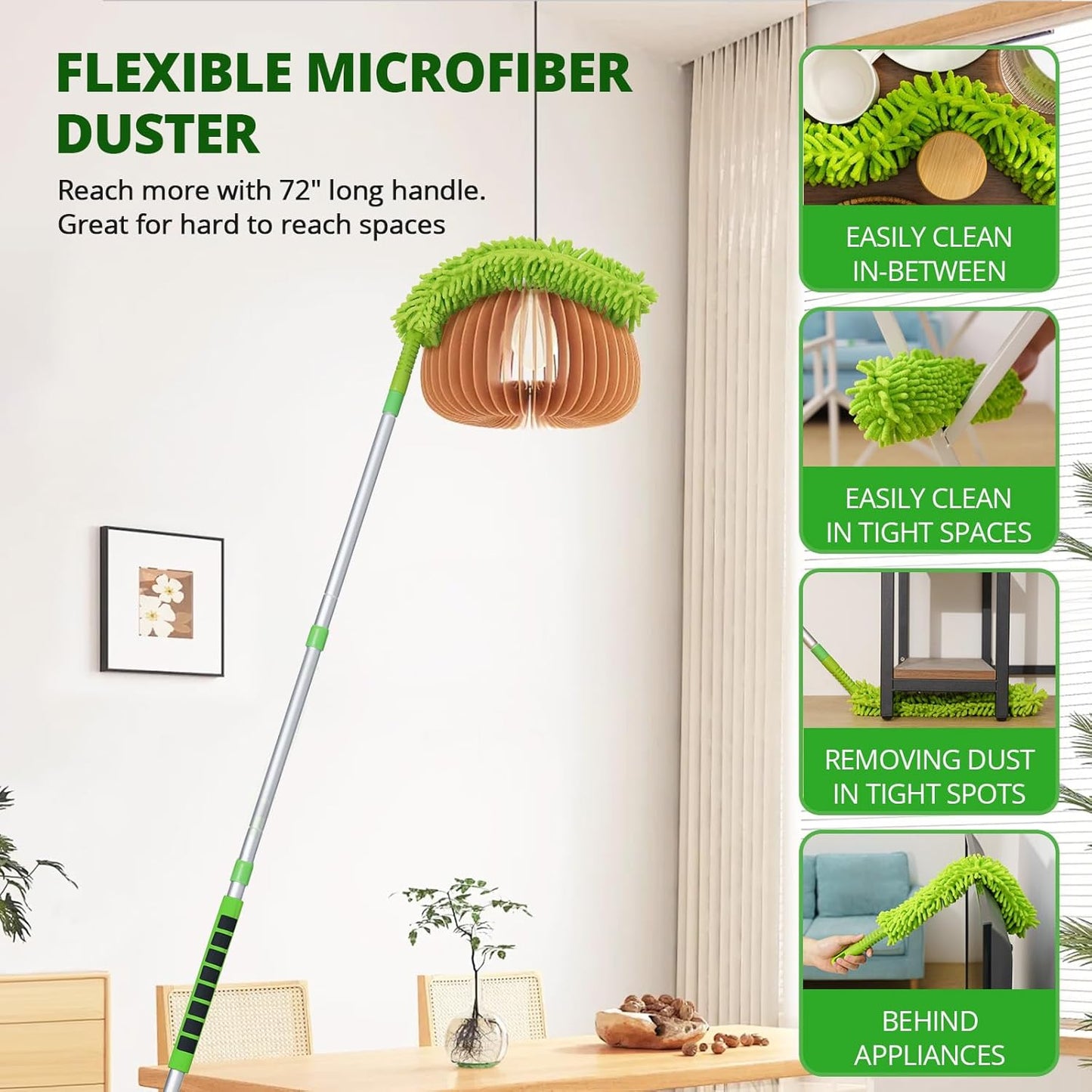 Ceiling Fan Cleaner Cobweb Duster with 6Ft/72'' Extension Pole High Ceiling Fan Blade Cleaning Tool Microfiber Duster Reusable Pads for Cleaning Ceiling Fan, Spider Web, Baseboard, Blind