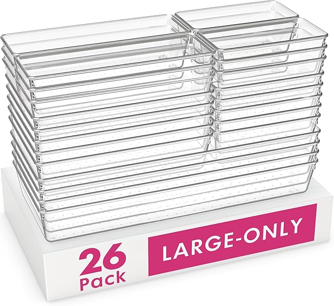 Criusia 26 Pack Large Clear Plastic Drawer Organizer Bins -5 Size Heavy Duty by Criusia