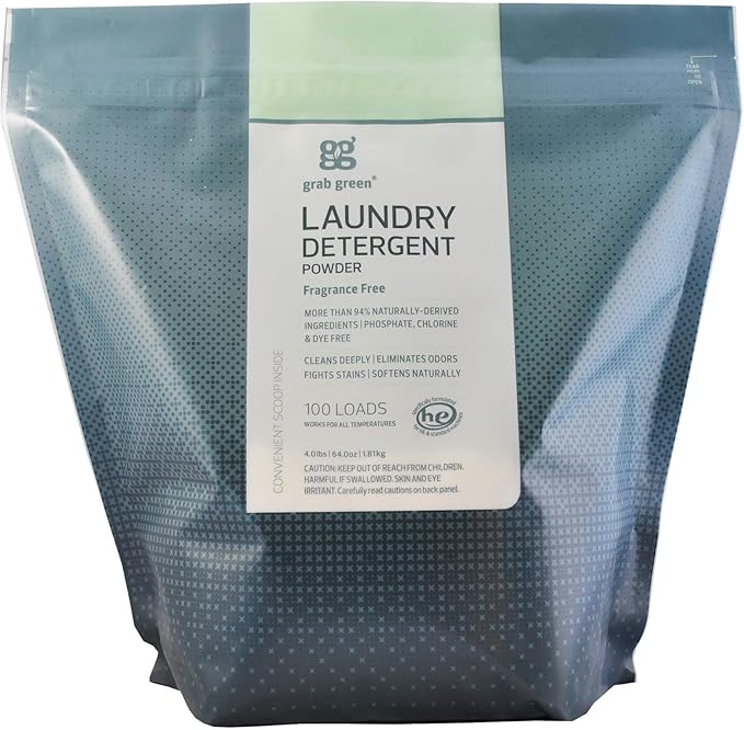 Grab Green Natural 3-in-1 Laundry Detergent Powder, Fragrance Free, 100 Loads by GrabGreen
