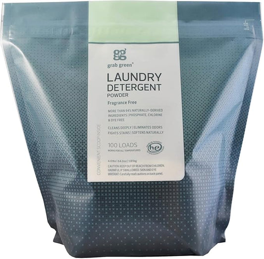 Grab Green Natural 3-in-1 Laundry Detergent Powder, Fragrance Free, 100 Loads by GrabGreen
