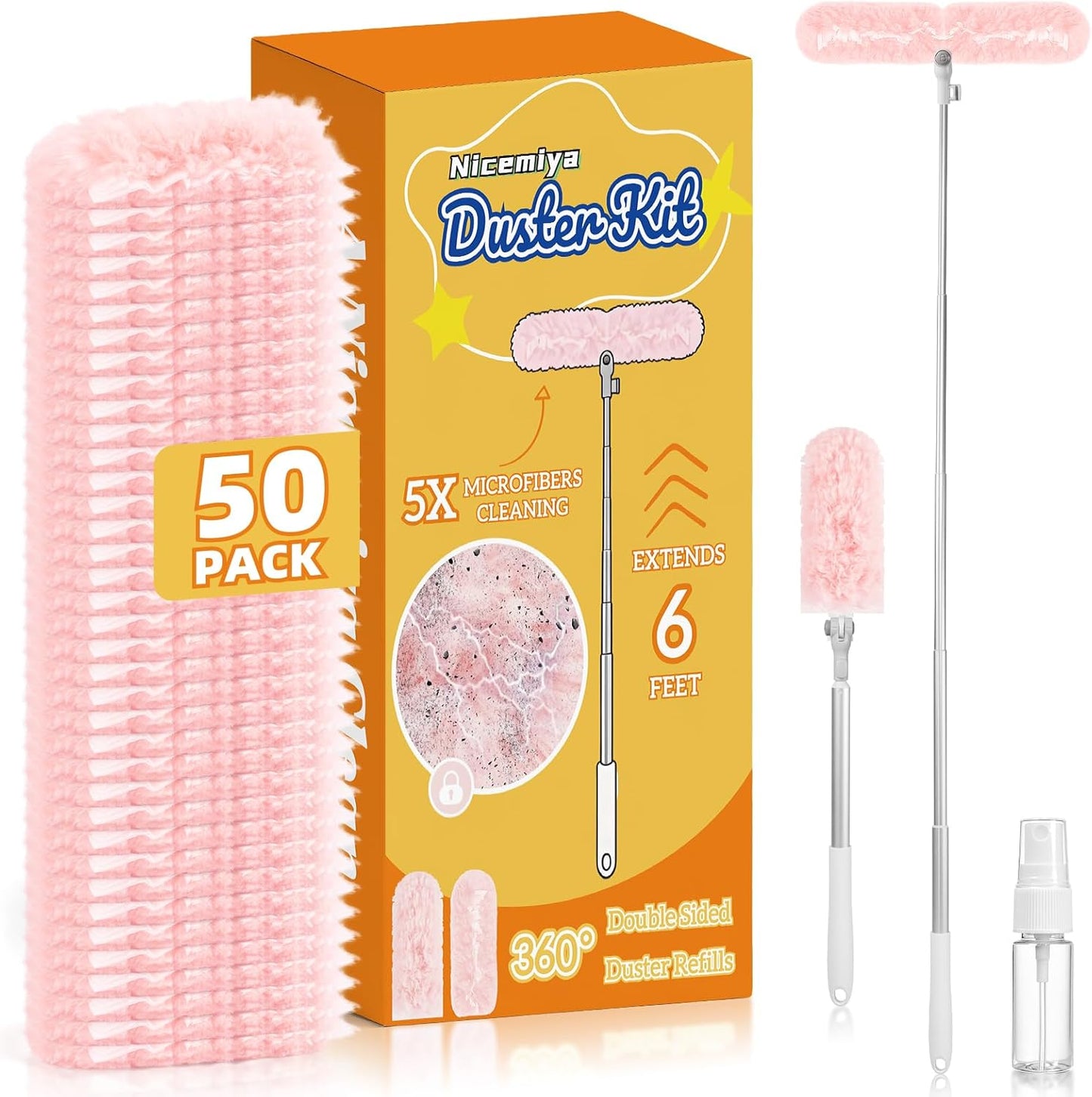 50 PCS Duster Refills with 6 FT Extendable Handle, Heavy Duty Duster Refills Kit Compatible with Swiffer, 360 Disposable Microfiber Duster Pads for Ceiling Fan, Blind & Hard to Reach Areas Cleaning