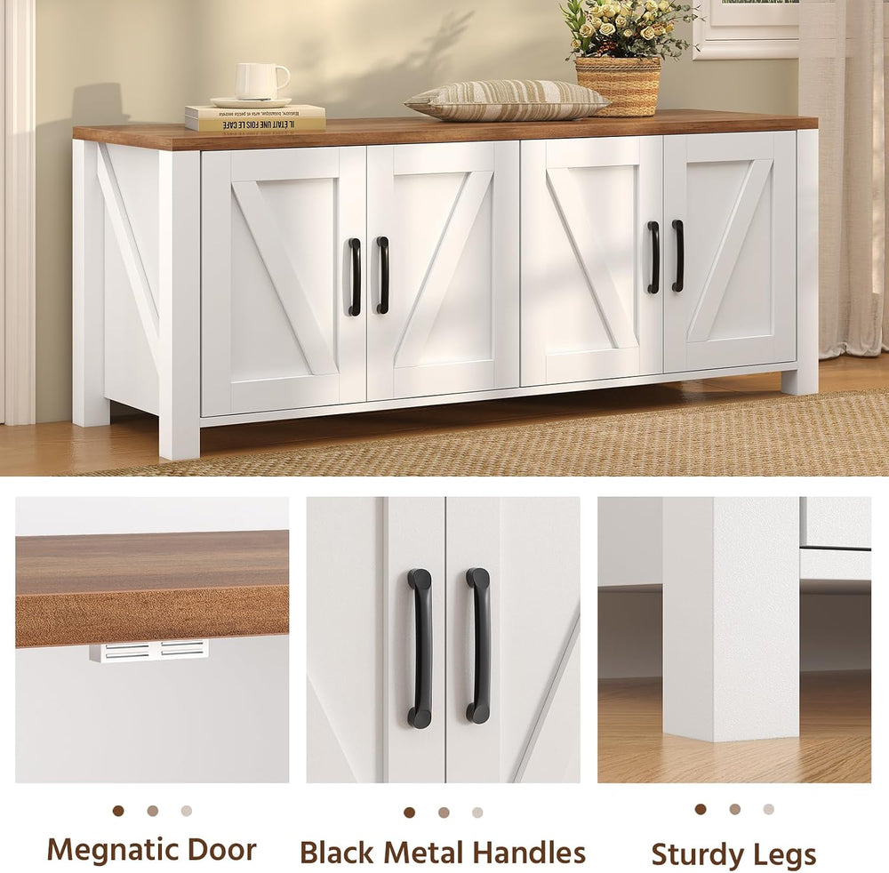 47.3" Shoe Storage Bench, Farmhouse Entryway Bench with 4 Doors & Ad...