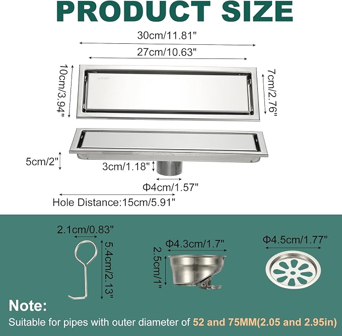 uxcell Rectangular Shower Drain, Brushed 304 Stainless Steel Odor-Proof Floor - Image 2
