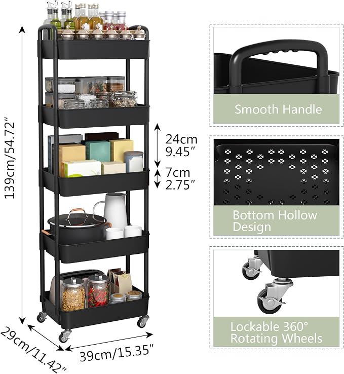 Sywhitta 5-Tier Plastic Rolling Utility Cart - Image 3