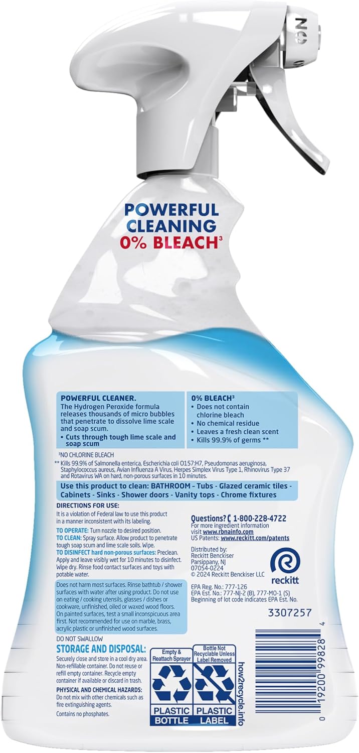 LYSOL Bathroom Cleaner Spray with OXI Action (Hydrogen Peroxide), 0% Bleach Formula, Multipurpose Disinfecting Cleaner for Tub, Tile & Shower, Removes Soap Scum & Limescale, Spring Breeze Scent, 32oz