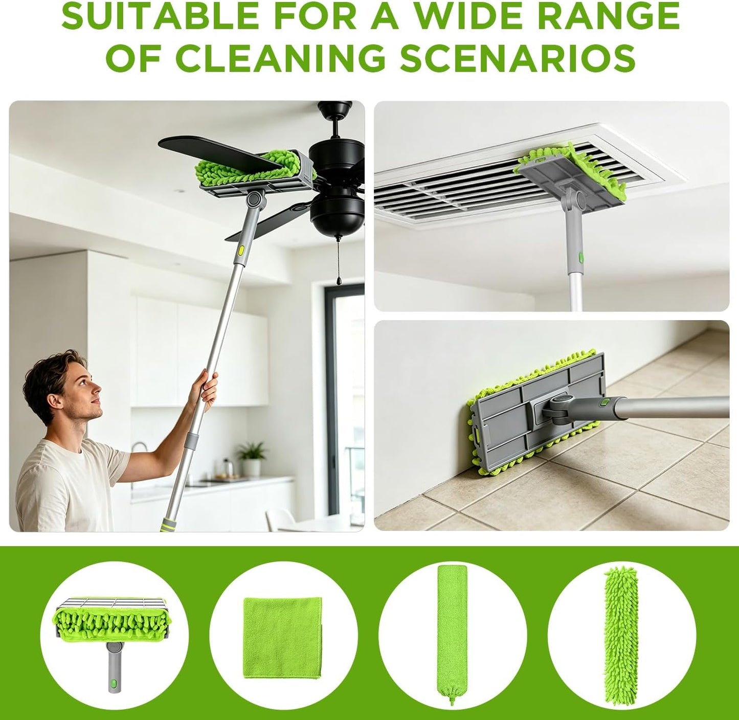 Cleaning Set, Equipped with a 72 inch extendable Handle, Reusable Crevice Brush, Chenille dust Collector, Cleaning Cloth, 2 Replacement Fan Brush Cloths Suitable for, Fans, Furniture, etc