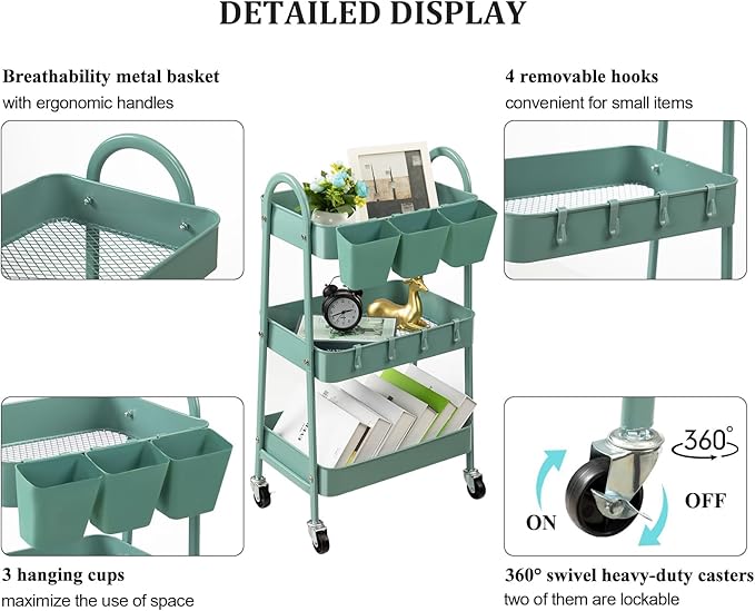 danpinera 3-Tier Rolling Cart, Metal Rolling Storage Cart - Image 3
