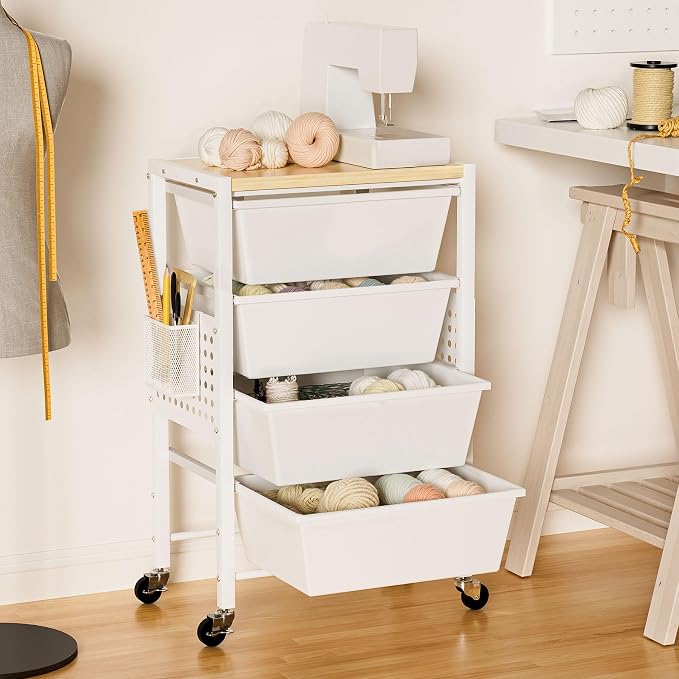 Rolling Cart with Drawers, Rolling Storage Cart with 4 Large Plastic Drawers & - Image 4