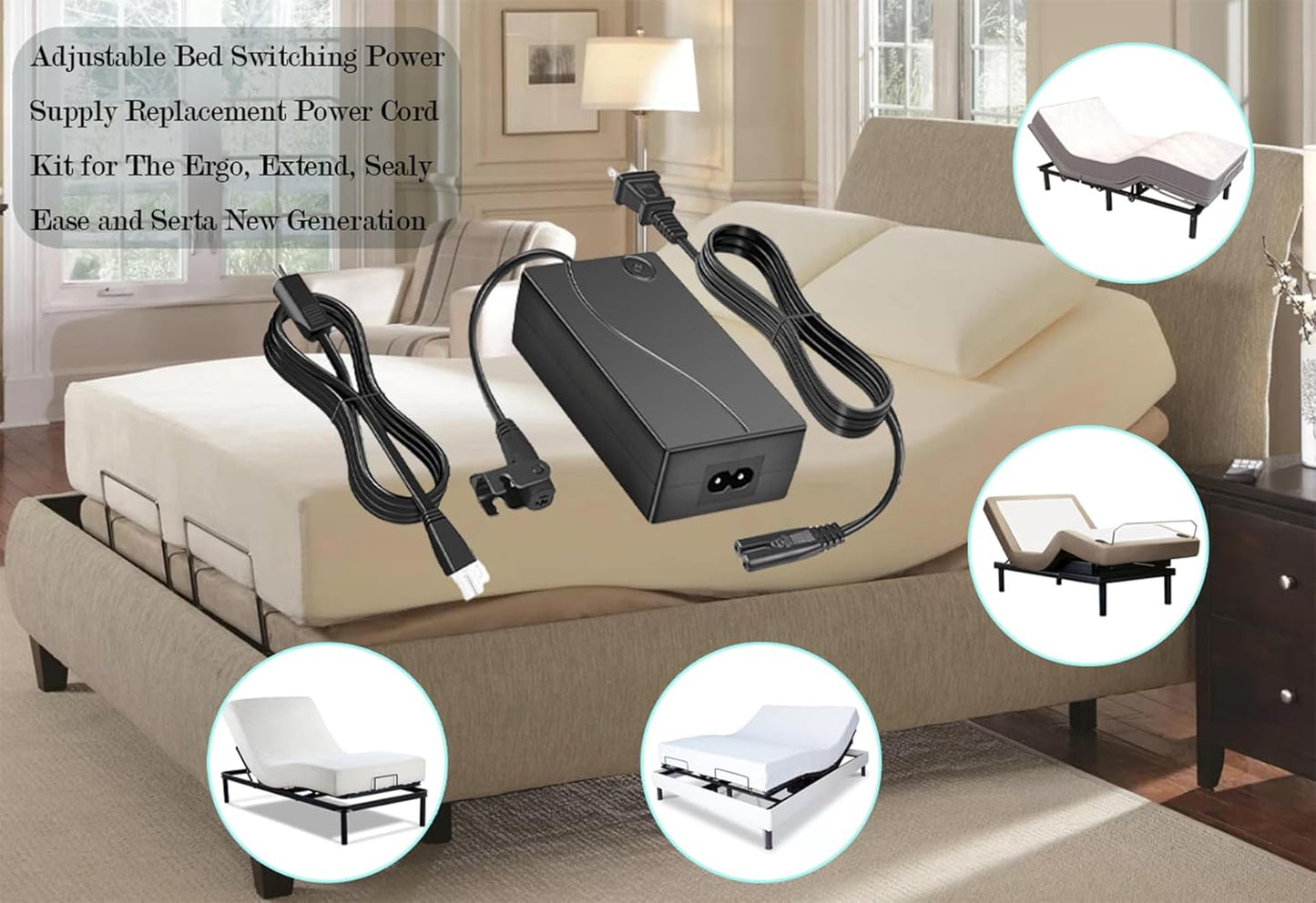 Adjustable Bed Base Power Supply Adapter，Electric Bed Power Supply Replacement Power Cord Kit Compatible for Ergo, Extend, Sealy Ease and Serta New Generation Electric Bed