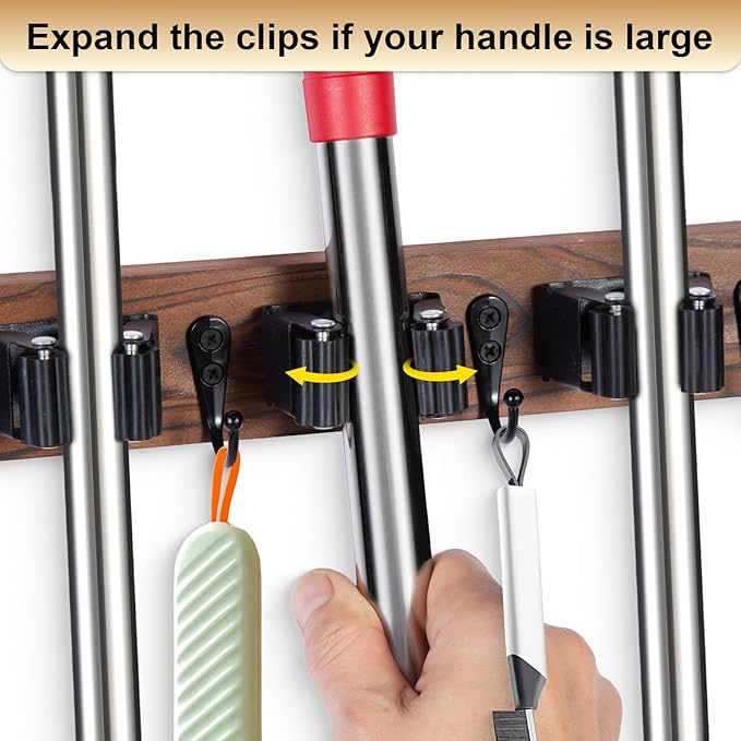 Broom Holder Wall Mount With 5 Slots & 4 Hooks，Rustic Wood Broom & Mop - Image 6