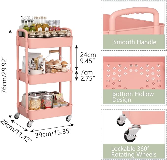 Sywhitta 3-Tier Plastic Rolling Utility Cart - Image 2