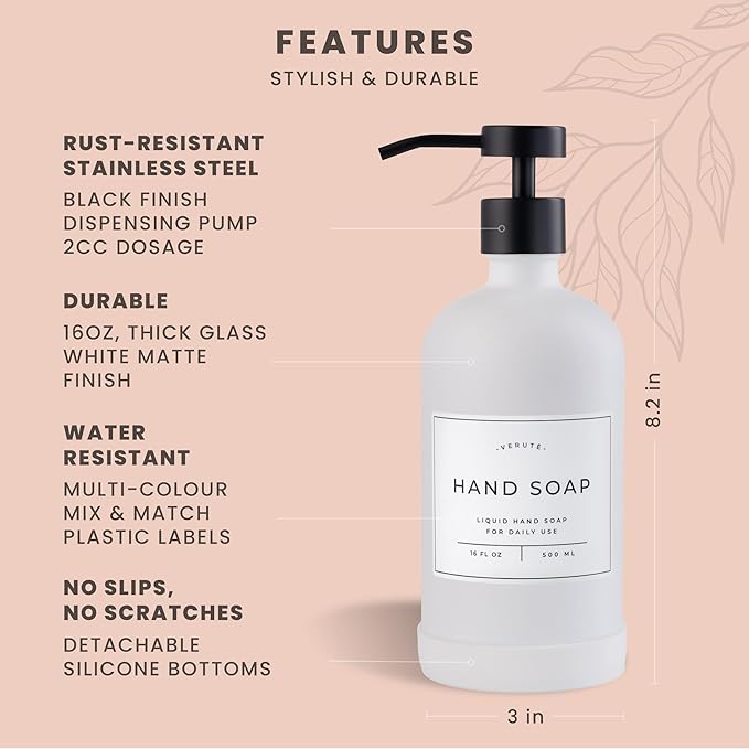 16oz Glass Soap Dispenser with Stainless Steel Pump, 21 Waterproof Labels - Image 6