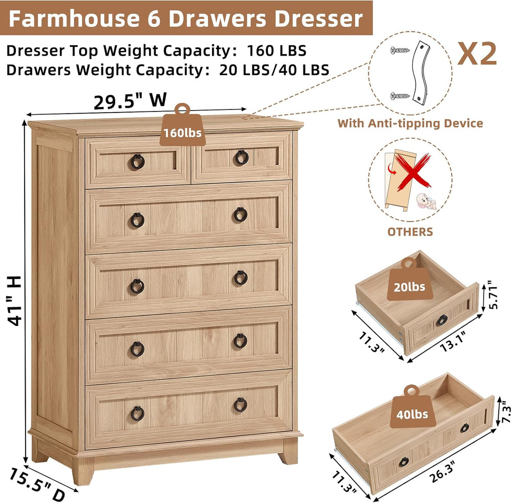 Joaxswe Farmhouse 6 Drawer Dresser for Bedroom, 41" Tall Chest of Drawers
