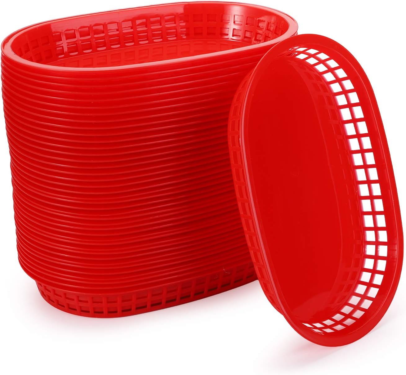 Cedilis 40 Pack Fast Food Baskets, 10.5 x 7 Inch Plastic Baskets, Food Service Tray for Hot Dogs, Burgers, Sandwiches, Fries, Barbecues, Picnics, Parties (red)