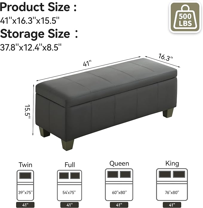 41" Faux Leather Storage Ottoman, Stitch Tufted Rectangle Upholstered End of - Image 2