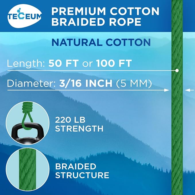 TECEUM Cotton Rope 3/16” – 100 FT – Strong All-Purpose Braided Rope – Natural - Image 2