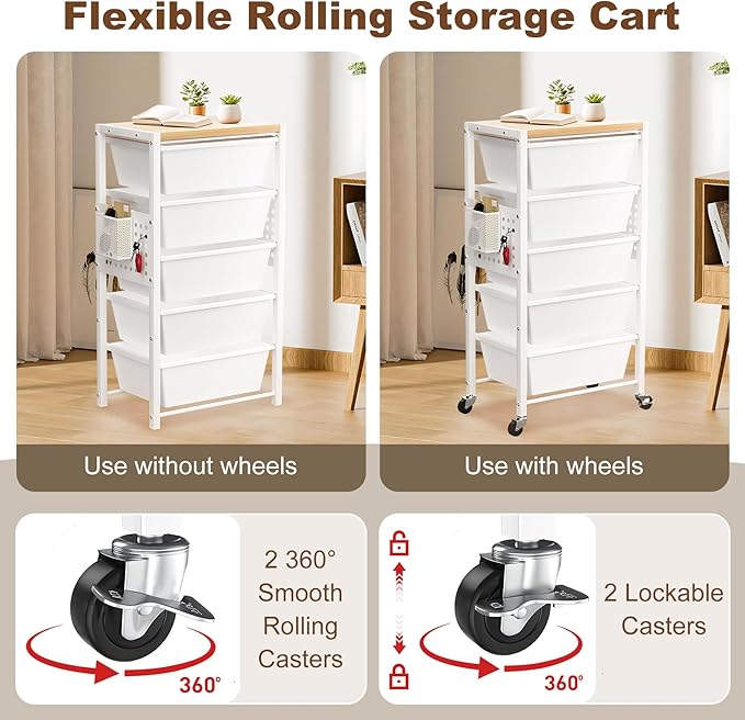 Rolling Cart with Drawers, Rolling Storage Cart with 4 Large Plastic Drawers & - Image 3