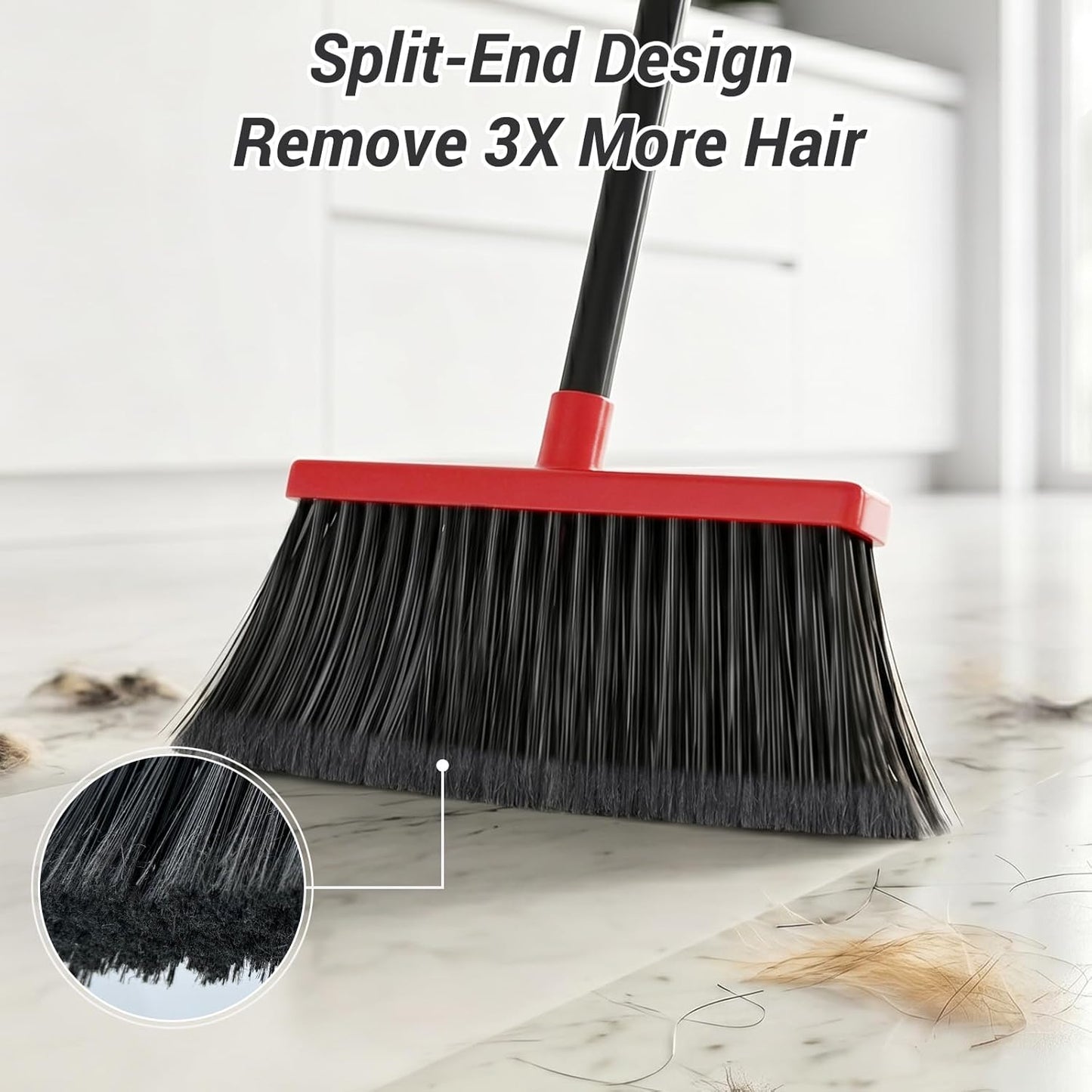 Broom with Dustpan Combo Set, Long Handle Upright Standing Self-Cleaning Broom and Dustpan Set for Pet Hair & Dust Cleanup, Indoor Outdoor Use for Home, Kitchen, Office, Red & Gray
