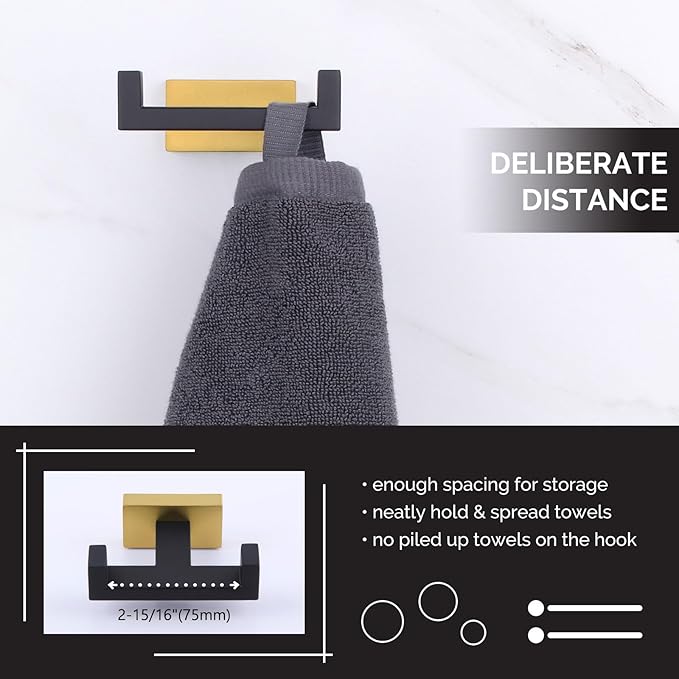 Angle Simple Towel Hook Black & Gold 2 PCS, Stainless Steel Double Hook - Image 4