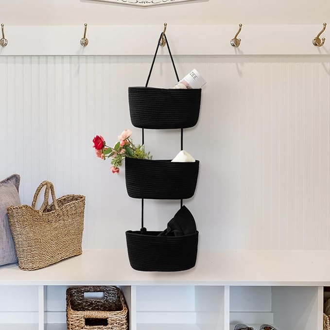 TeoKJ Over the Door Organizer, 3-Tier Woven Cotton Hanging Kitchen Baskets - Image 5