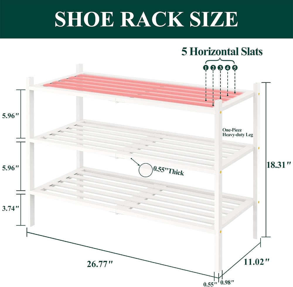 Smiry Bamboo Shoe Rack, 5 Horizontal Slats, 3 Tier - 26.8" Wide, White