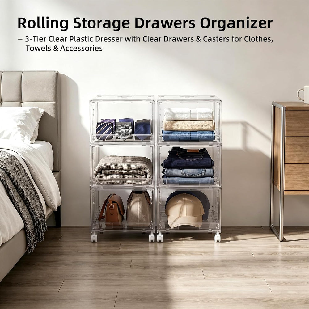 Large Clear Storage 3 Drawer Organizer with Wheels for Closet