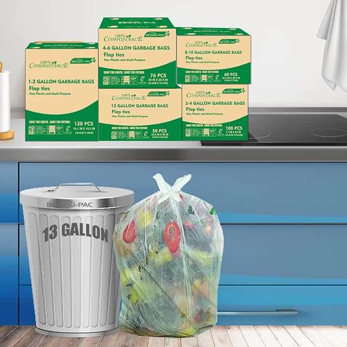 13 Gallon Flap Tie Compostable Trash Bags, Compost Bags Tall Kitchen Trash Bags - Image 6