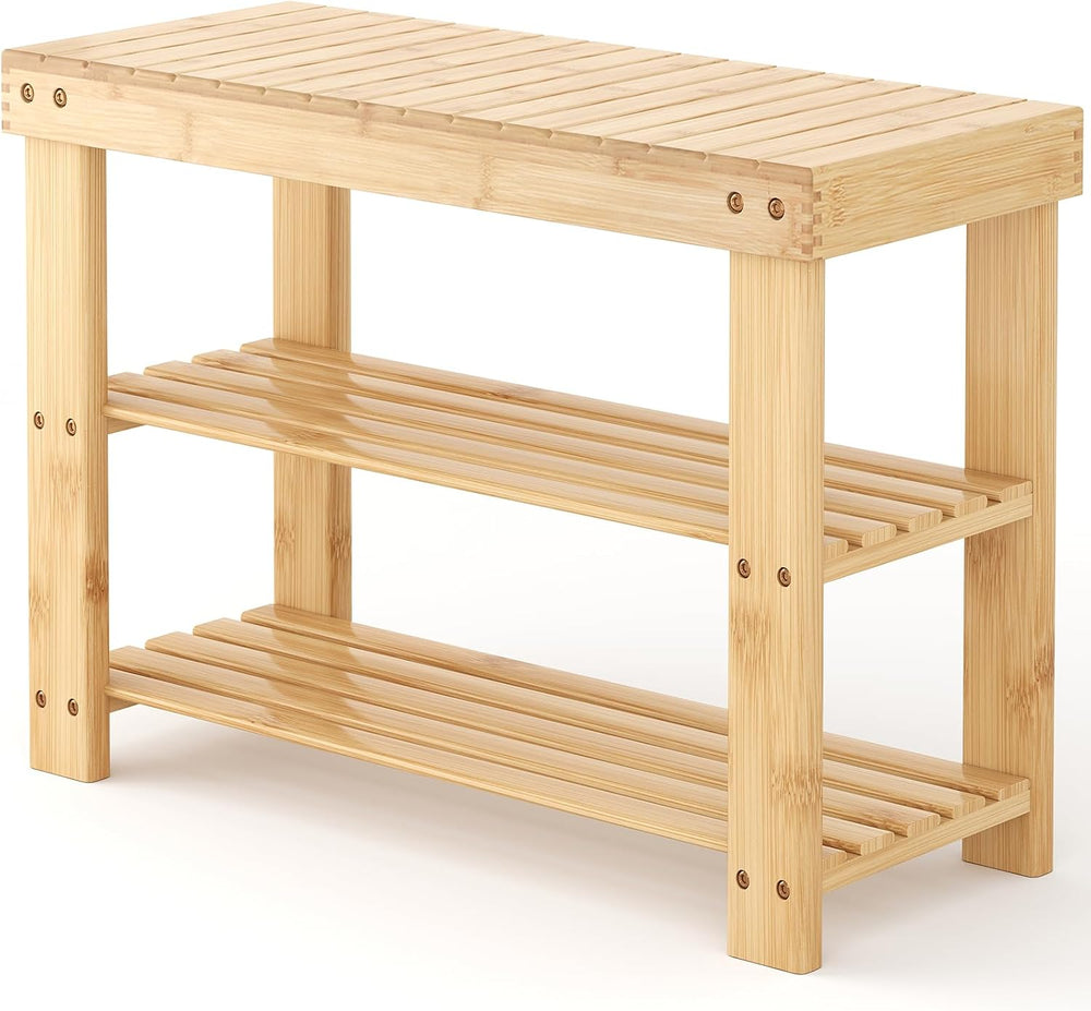 NEWBULIG Shoe Rack Bench, 3-Tier Bamboo Organizer, 11x28x18in, Wood