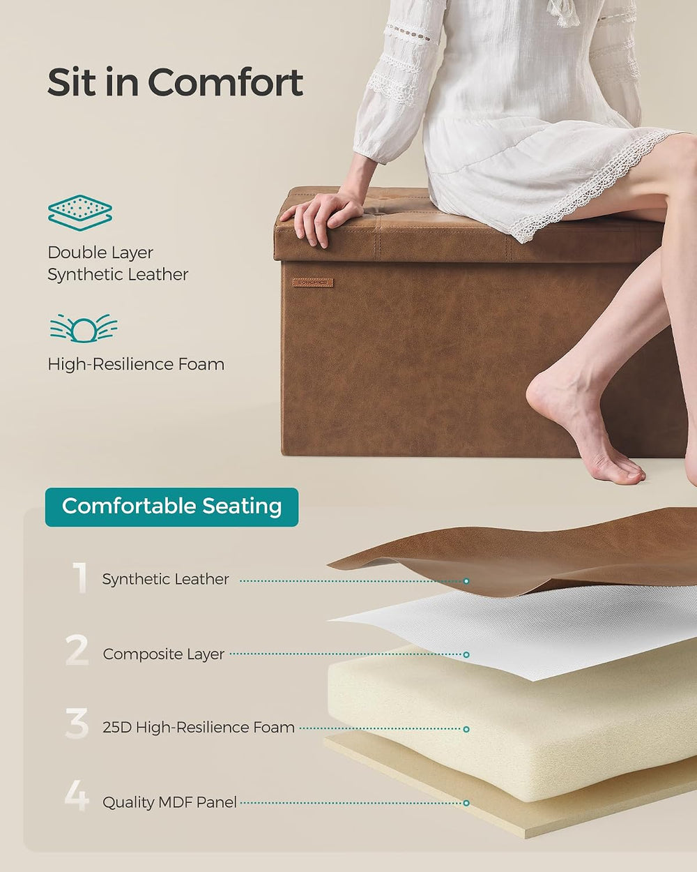 SONGMICS Storage Ottoman Bench, 30 Inches Folding Foot Rest Stool