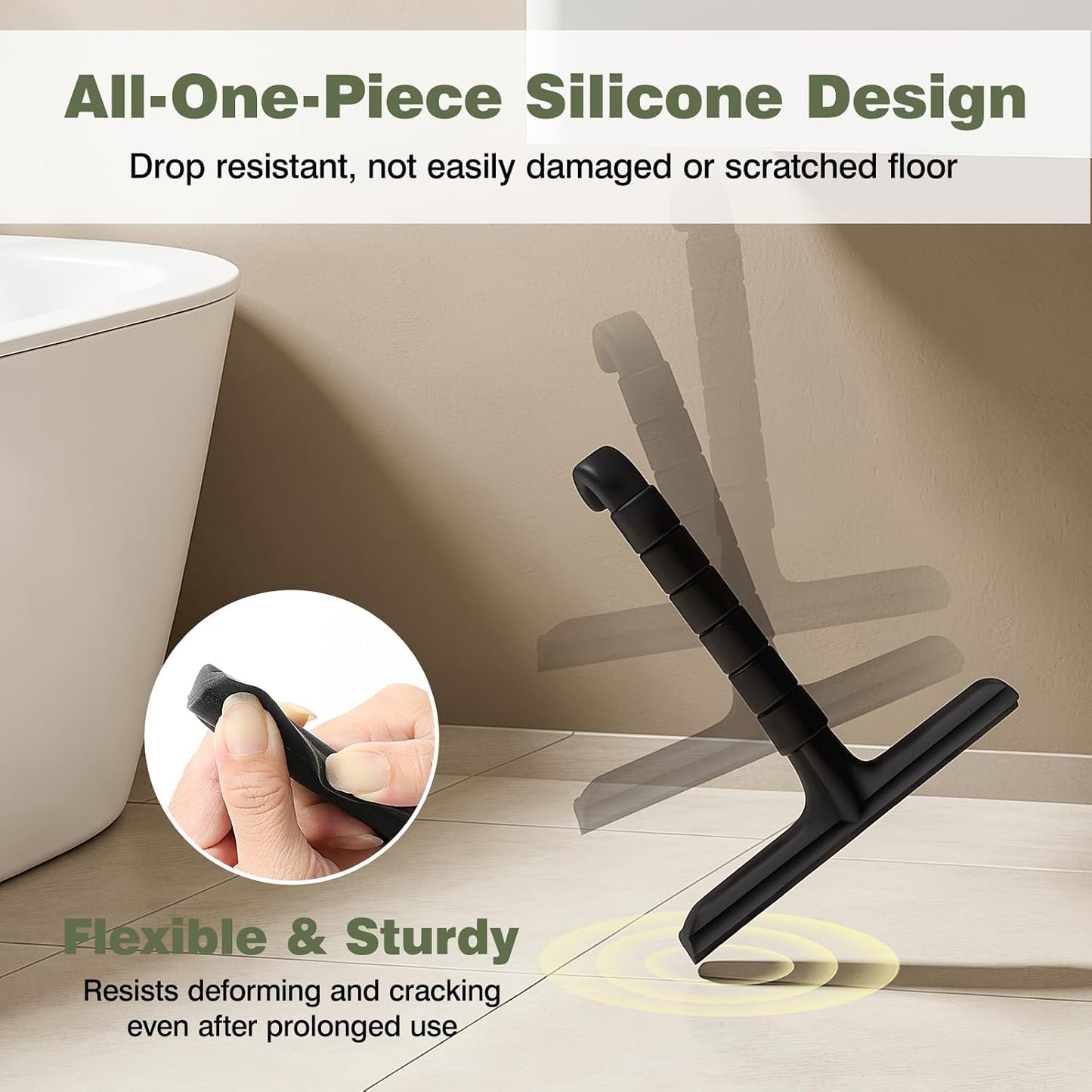 Roylvan Silicone Shower Squeegee for Glass Doors with Built-in Hook, Black | All-in-One Shower Squeegee with Ergonomic Grip, Household Window Mirror Cleaner for Bathroom Glass Kitchen Tile Wall Car