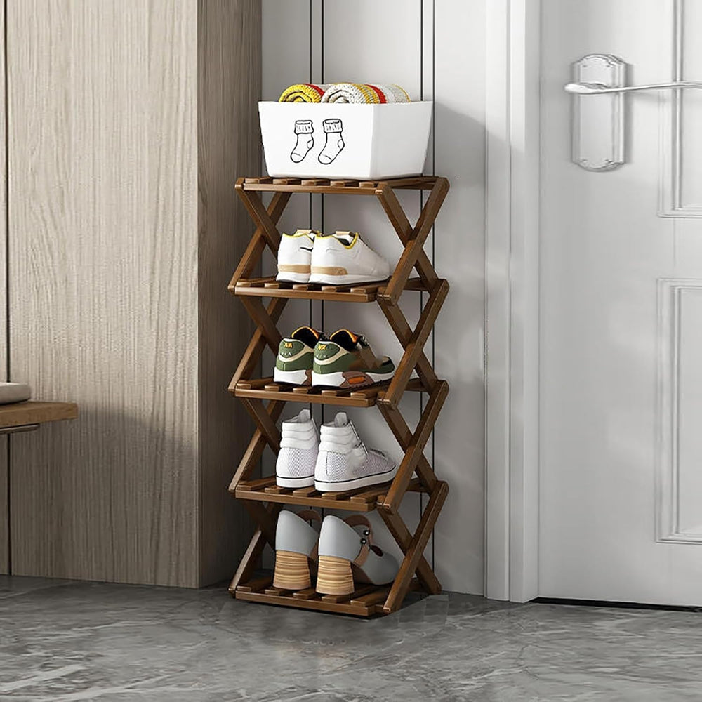 5 Tier Foldable Shoe Rack, Bamboo Vertical Shoe Organizer Tall for Multifunct...