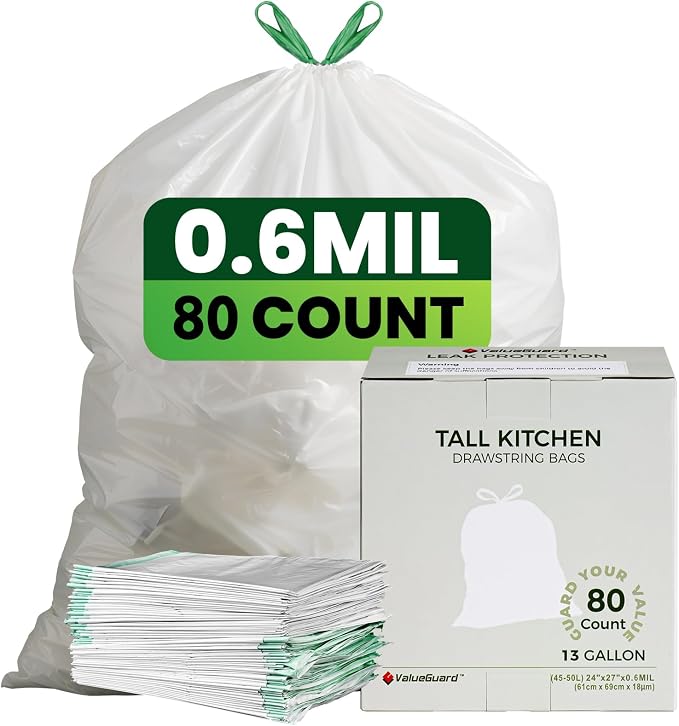 Large Trash Bag 13 Gallon Tall Drawstring 100% Post-Consumer Recycled Garbage by ValueGuard
