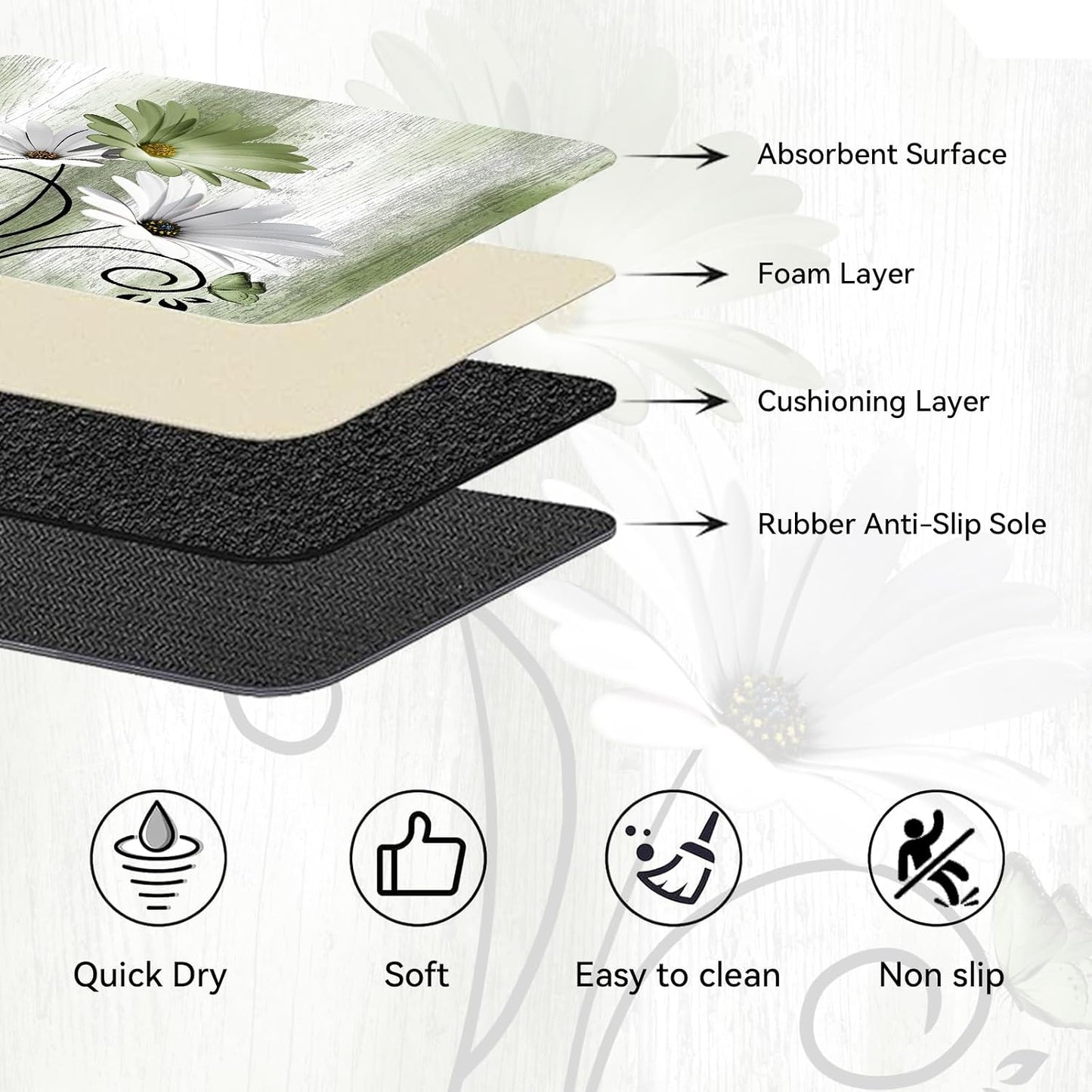 Onalasyc Bathroom Rug Sets 3 Piece,Green Daisy Rustic Farmhouse Flowers Butterfly Bath Rug Non Slip Quick Dry Diatomaceous Earth Bath Mat Wood Vintage Decor Washable Suitable for Bathroom,Tub,Shower