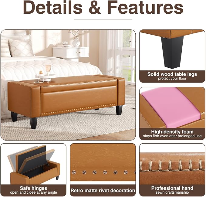 48.8" Storage Ottoman Bench Brown | Faux Leather Bedroom Bench - Image 5