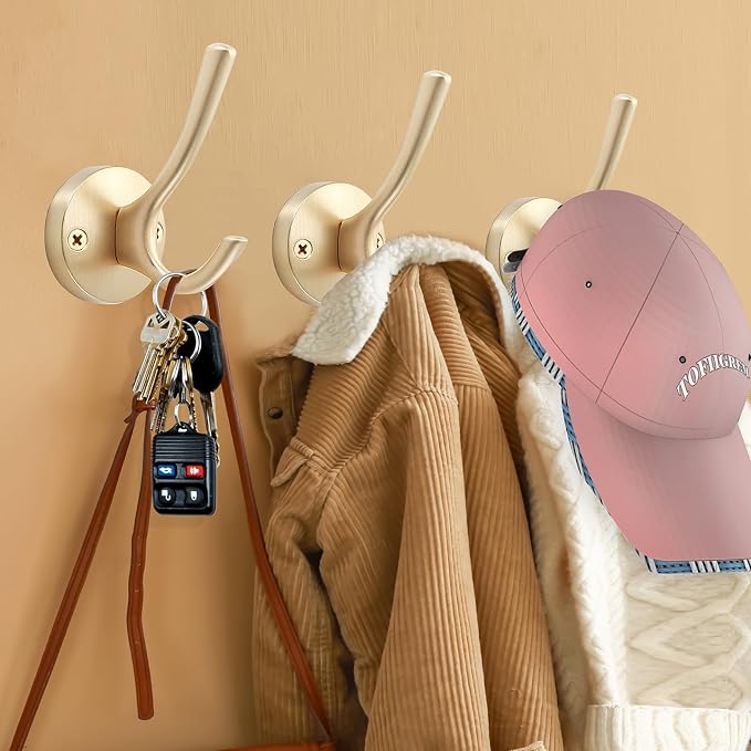 Gold Coat Hooks for Wall, 3 Pack Towel Hook Heavy Duty Metal Double Bath Robe - Image 2