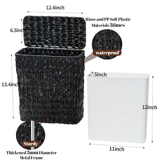 Black Wicker Trash Can with Lid and Liner, Waterproof Narrow Waste Basket - Image 4