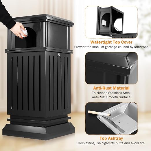 BEAMNOVA Black Trash Can Outdoor Top Tray Stainless Steel Commercial Garbage - Image 4