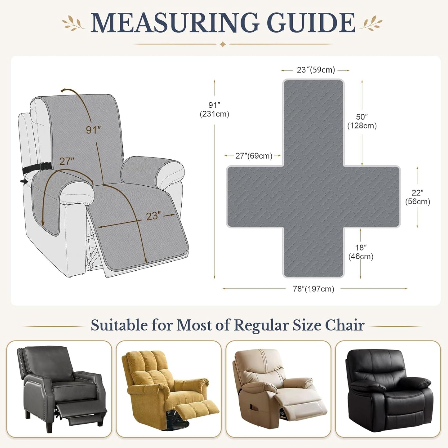 Recliner Chair Covers, 100% Waterproof Non-Slip Chair Cover Dog Furniture Protector Recliner Covers Washable Slipcover with Pocket, Elastic Straps for Pets, Dogs,23.6",Dark Gray