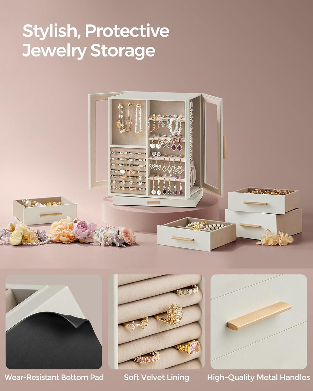 SONGMICS Jewelry Box Organizer, 360° Rotating, 5 Drawers, Cloud White