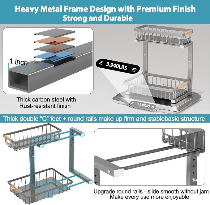 Under Sink Organizer Storage 2 Pack, 2 Tier Slide Out Height Adjustable Pull - Image 4