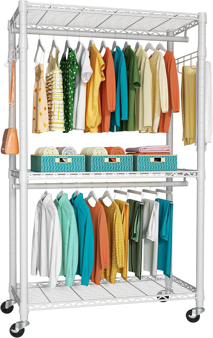 FUTASSI P1 Heavy Duty Garment Rack, 3 Tiers Adjustable Rolling Metal Closet by FUTASSI