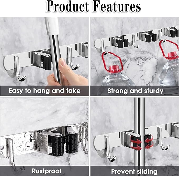 3 Racks and 4 Hooks Broom and Mop Holder Wall Mounted Garage Organizer Storage - Image 2