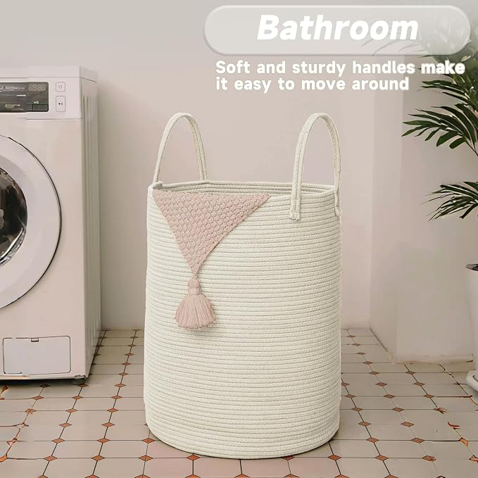 Large Woven Laundry Basket Hamper, 80L Cotton Rope Storage Bin - Image 5