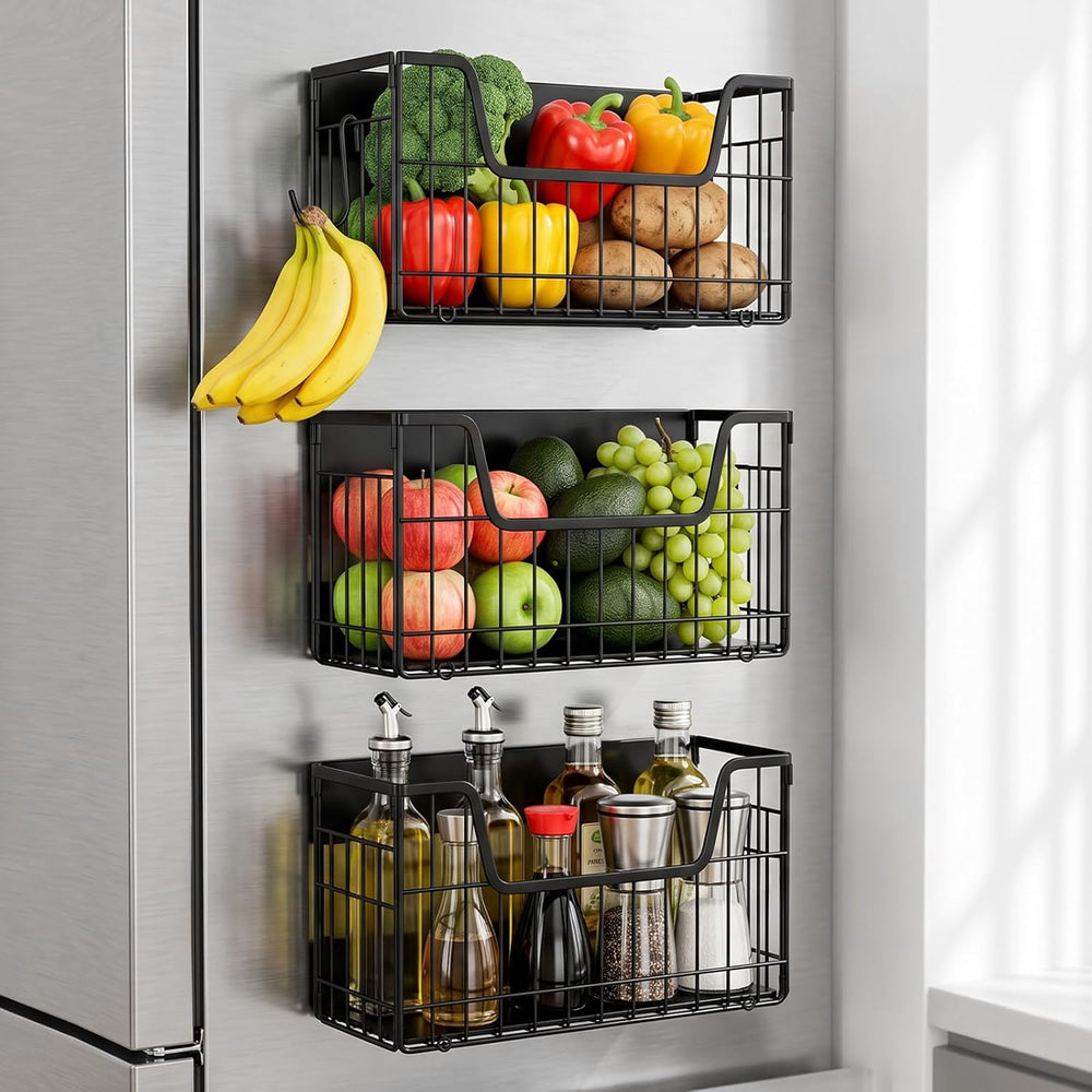 3 Pack Magnetic Fridge Shelves, Metal Fruit & Vegetable Basket Organizer